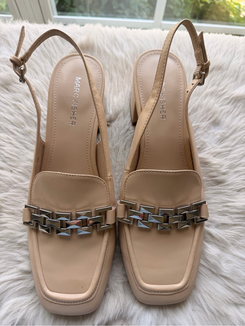Marc Fisher Graci Beige Slingback Loafer Pumps with Silver Chain Accent